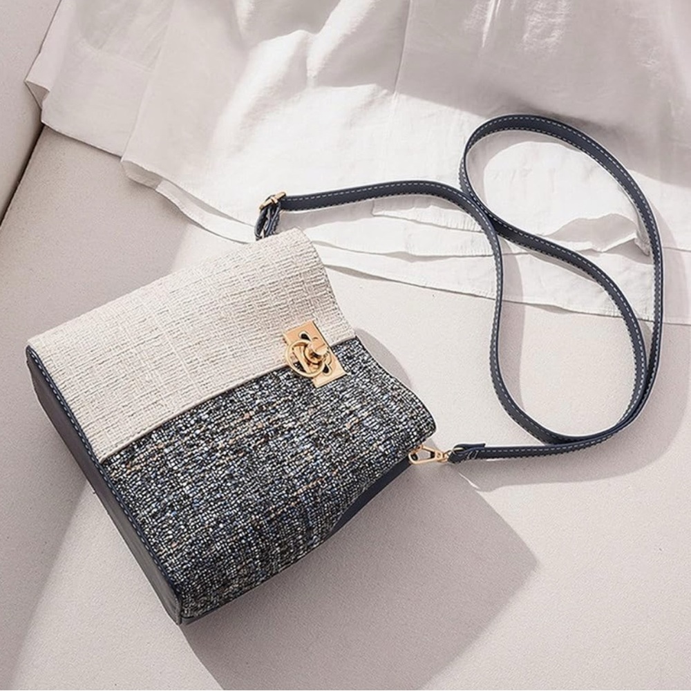 Chic Two-Tone Tweed Crossbody Bag with Gold Lock & Navy Strap